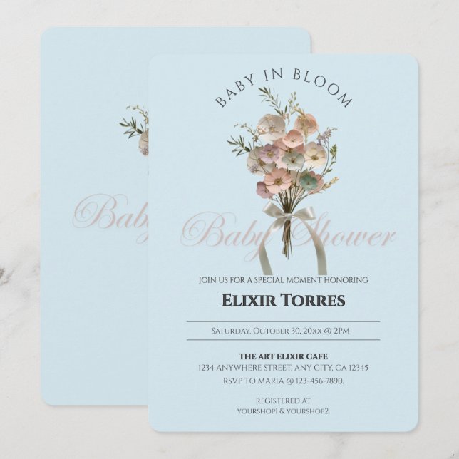 Pressed Wildblume Baby in Bloom Boho Babydusche Einladung (Vorne/Hinten)