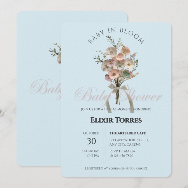 Pressed Wildblume Baby in Bloom Boho Babydusche Einladung (Vorne/Hinten)