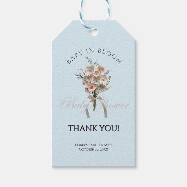 Pressed Wildblume Baby in Bloom Boho Babydusche Geschenkanhänger (Vorderseite)