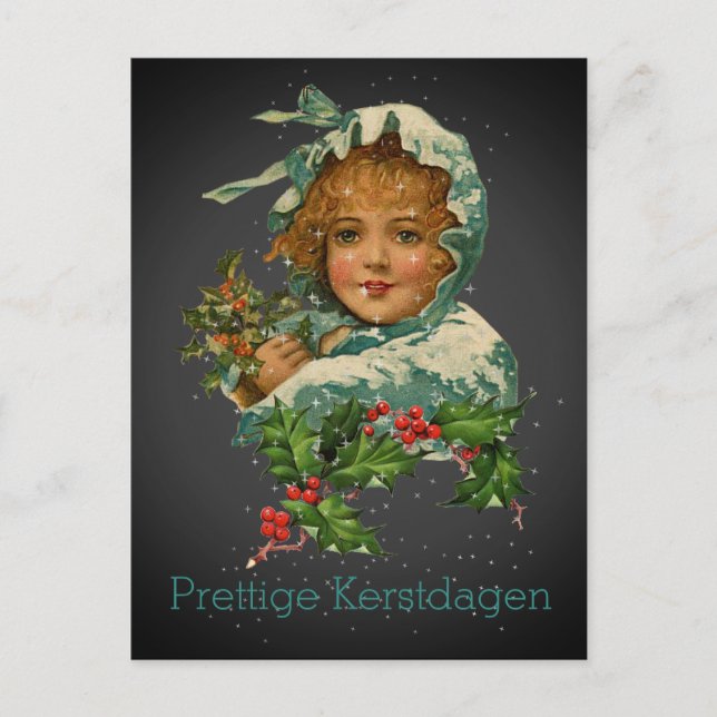 Prettige Kerstdagen Vintag Holly Black Postkarte (Vorderseite)
