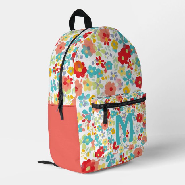 Pretty Aqua Blue Blush Pink Red Floral Pattern Bedruckter Rucksack (Rückseitige Ecke links)