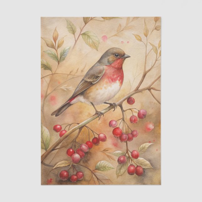 Pretty Bird Perched on a Branch with Red Berries Seidenpapier (Vorderseite)