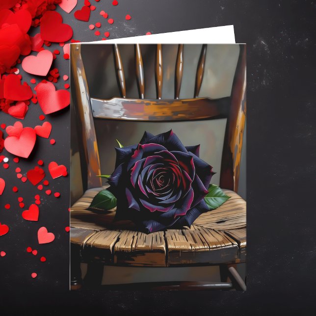Pretty Black Rose on Rustic Chair Valentine's Day Karte (Von Creator hochgeladen)