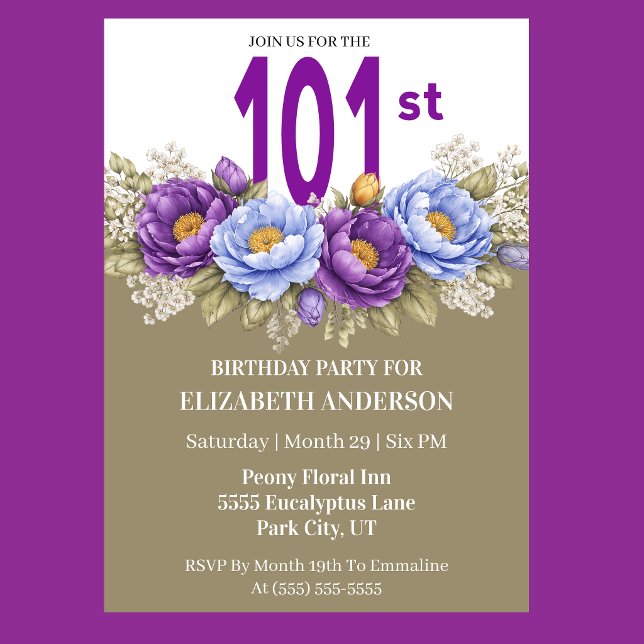 Pretty Blue and Purple Peony 101st Birthday Einladung (Elegant blue and purple peony floral 101st birthday invitation)