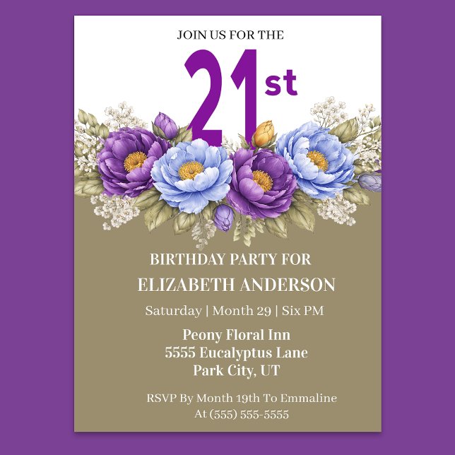 Pretty Blue and Purple Peony 21st Birthday Einladung (Elegant 21st birthday invitation with blue and purple peony flowers)