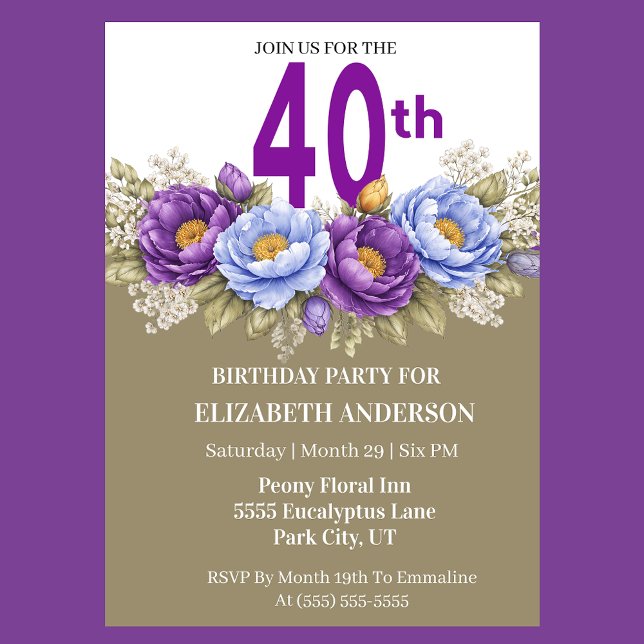 Pretty Blue and Purple Peony 40th Birthday Einladung (Elegant 40th birthday invitation with purple and blue peony flowers)
