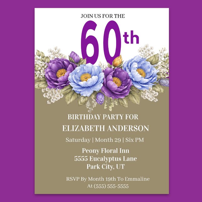 Pretty Blue and Purple Peony 60th Birthday Einladung (Elegant 60th birthday invitation with blue and purple peony flowers)