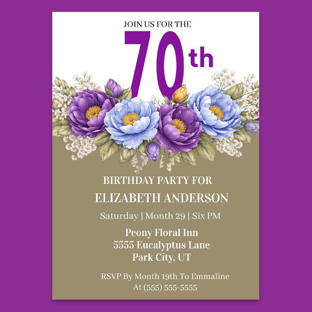 Pretty Blue and Purple Peony 70th Birthday Einladung (Elegant 70th birthday invitation with purple and blue peony flowers)