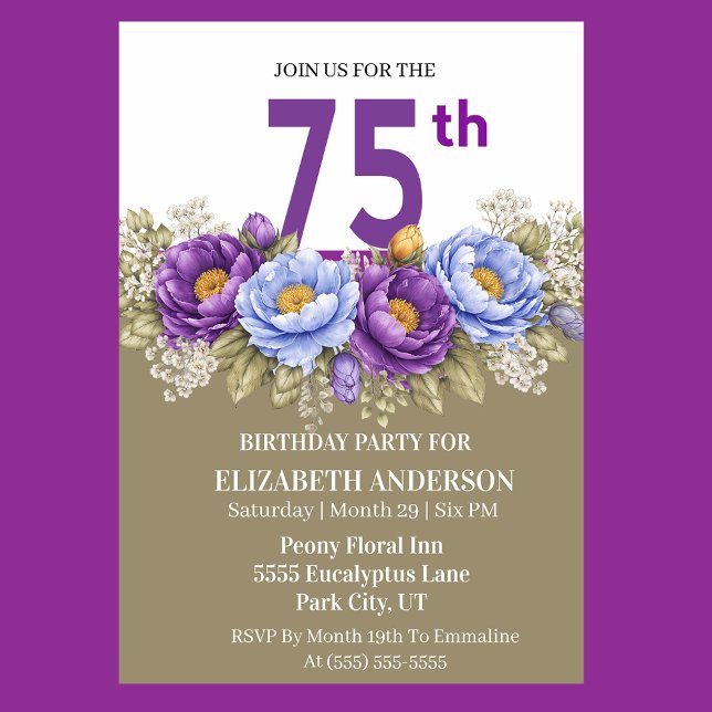 Pretty Blue and Purple Peony 75th Birthday Einladung (Elegant 75th birthday invitation with blue and purple peony flowers)