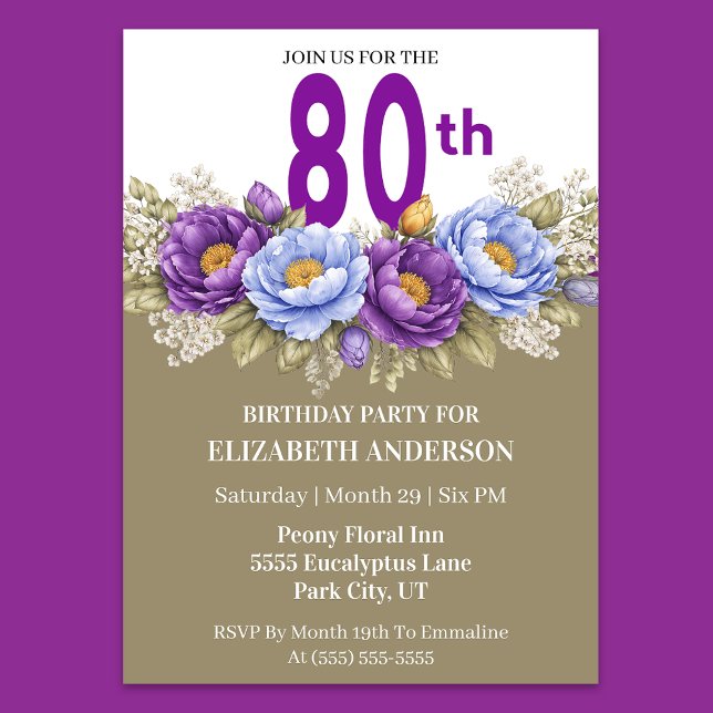 Pretty Blue and Purple Peony 80th Birthday Einladung (Elegant 80th birthday invitation with purple and blue peony flowers)