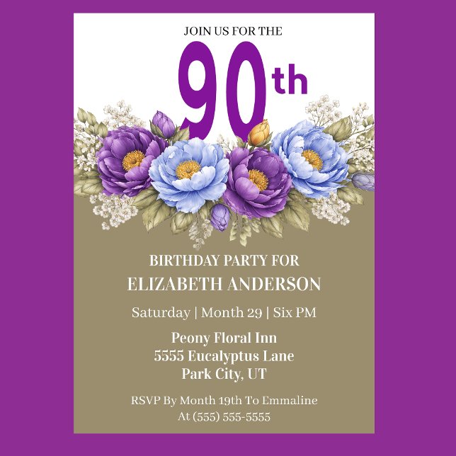 Pretty Blue and Purple Peony 90th Birthday Einladung (Elegant blue and purple peony floral 90th birthday invitation)