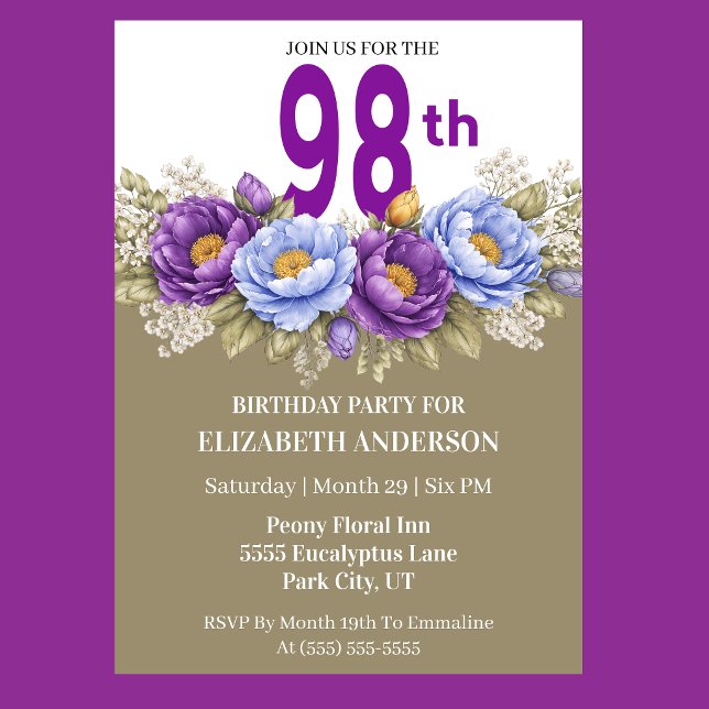 Pretty Blue and Purple Peony 98th Birthday Einladung (Elegant blue and purple peony floral 98th birthday invitation)