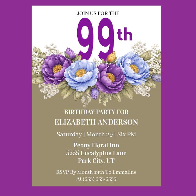 Pretty Blue and Purple Peony 99th Birthday Einladung (Elegant blue and purple peony floral 99th birthday invitation)