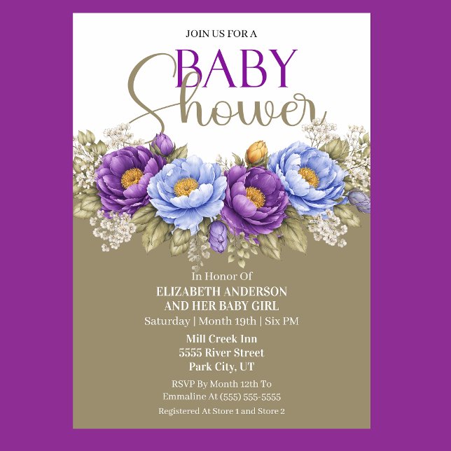 Pretty Blue and Purple Peony Girl Baby Shower Einladung (Elegant blue and purple peony floral baby shower invitation)