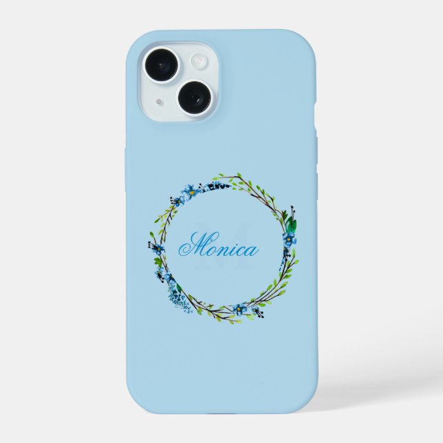 Pretty Blue Floral Wreath with Monogram iPhone 15 Hülle (Rückseite)