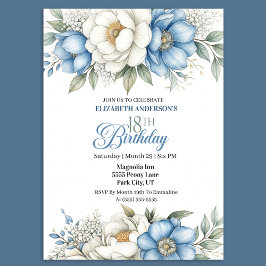 Pretty Blue Magnolia and Peony 18th Birthday Einladung