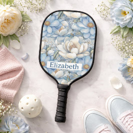 Pretty Blue Magnolia and Peony Personalized Pickleball Schläger