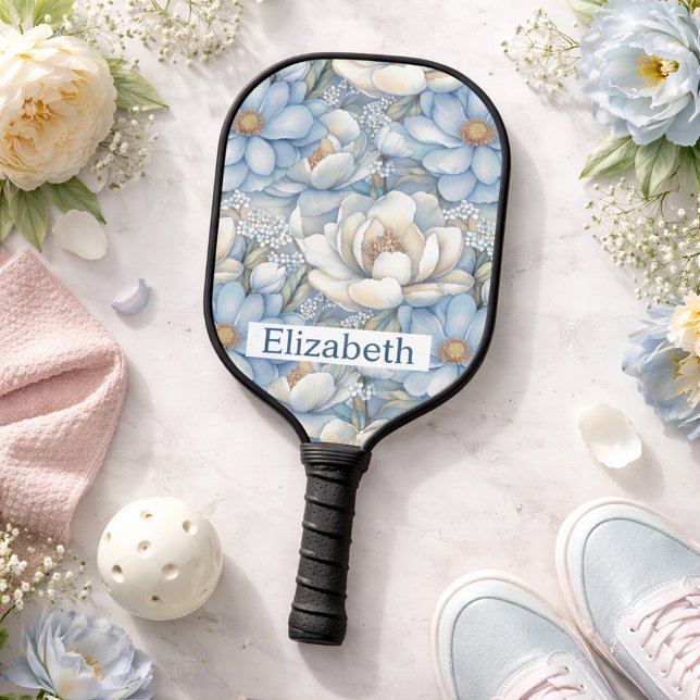 Pretty Blue Magnolia and Peony Personalized Pickleball Schläger (Von Creator hochgeladen)