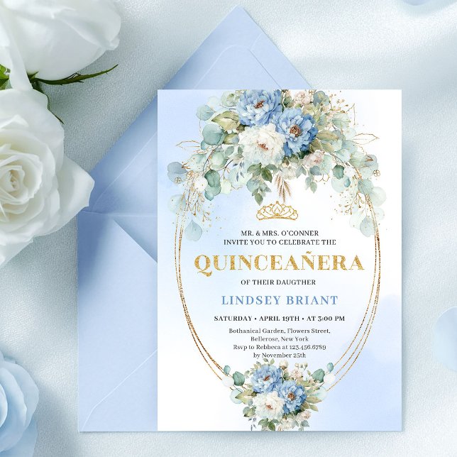 Pretty Blue Peony Gold Floral Quinceañera Invite Einladung (Pretty Blue Peony Gold Floral Quinceañera Invite)