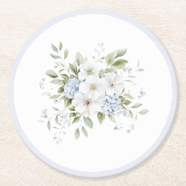 Pretty Blue White Floral Bridal Shower Runder Pappuntersetzer (Vorderseite)