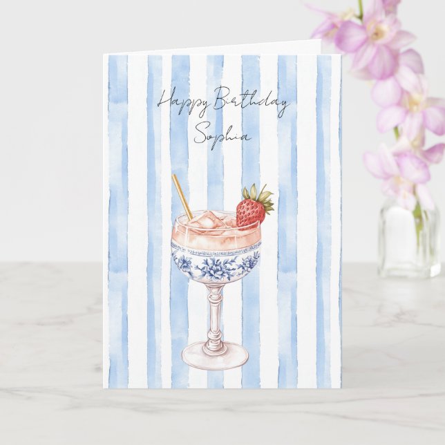 Pretty Blue White Stripes Strawberry Birthday Karte (Orchidee)