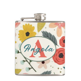 Pretty Blush Pink Floral Botanical Monogram Flachmann