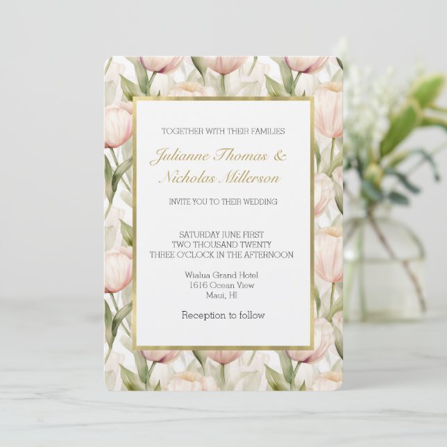 Pretty Blush Pink Tulip Flowers Wedding Einladung (Stehend Vorderseite)