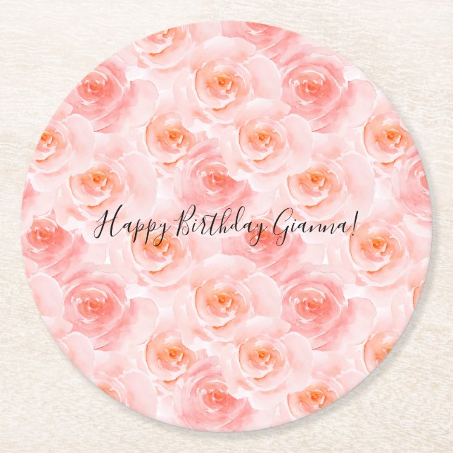 Pretty Blush Pink Watercolor Roses Birthday Runder Pappuntersetzer (Vorderseite)