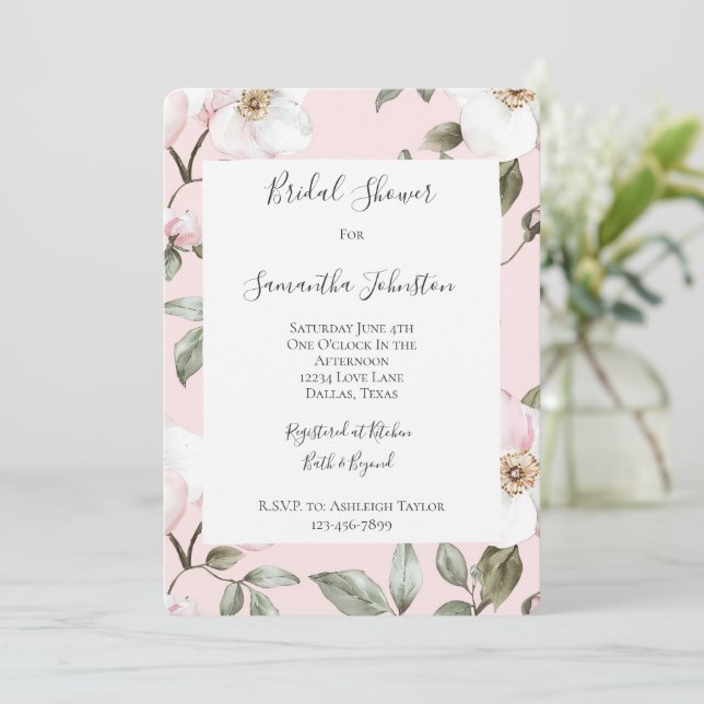 Pretty Blush Pink White Flowers Bridal Shower Einladung (Stehend Vorderseite)