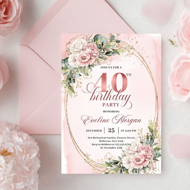 Pretty Bohemian Dusty Pink Flowers 40th Birthday  Einladung (Pretty Bohemian Dusty Pink Flowers 40th Birthday Invitation)