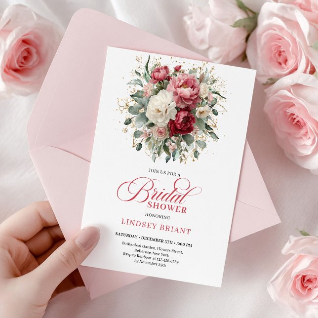 Pretty Bohemian Red Blush Gold Roses Bridal Shower Einladung (Pretty Bohemian Red Blush Gold Roses Bridal Shower

)