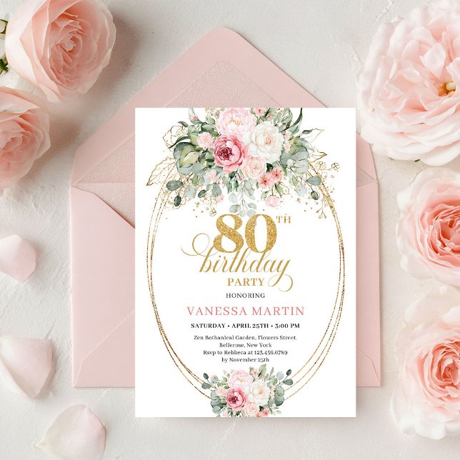 Pretty Boho Blush Roses 80th Birthday Invitation  Einladung (Pretty Boho Blush Roses 80th Birthday Invitation Art

)