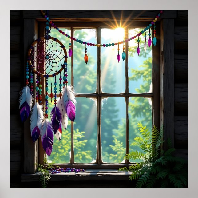 Pretty Boho Purple Dreamcatcher in Window   Poster (Vorne)