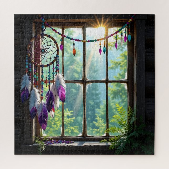 Pretty Boho Purple Dreamcatcher in Window   Puzzle (Vertikal)