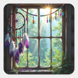 Pretty Boho Purple Dreamcatcher in Window Quadratischer Aufkleber