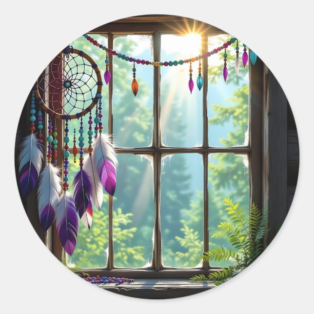 Pretty Boho Purple Dreamcatcher in Window   Runder Aufkleber (Vorderseite)
