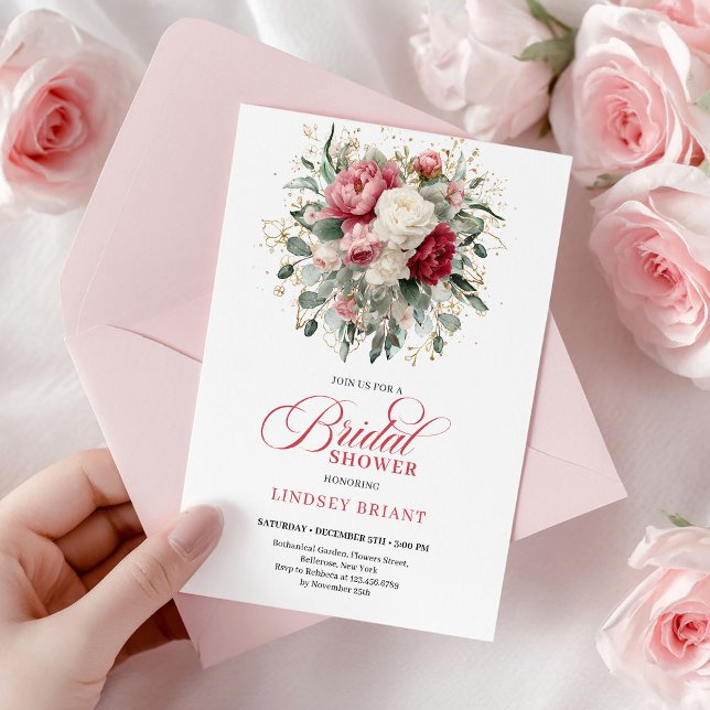 Pretty Boho Ruby Weißgold Florale Hochzeitsdusche  Einladung (Pretty Boho Ruby White Gold Floral Bridal Shower Card

)
