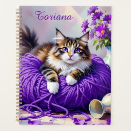 Pretty Cat with Purple Flowers and Yarn   Planer