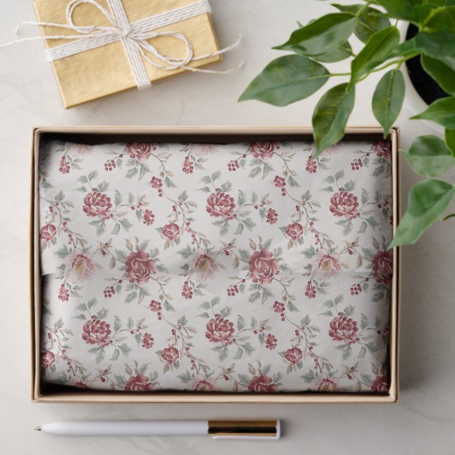 Pretty Chic Red Cream Floral Birthday Seidenpapier (Geschenk)