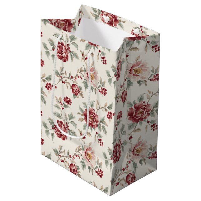 Pretty Chic Red Cream Floral Christmas Mittlere Geschenktüte (Vorderseite Schrägansicht)
