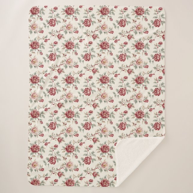 Pretty Chic Red Cream Floral  Sherpadecke (Vorderseite)