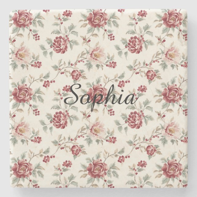 Pretty Chic Red Cream Floral   Steinuntersetzer (Vorderseite)