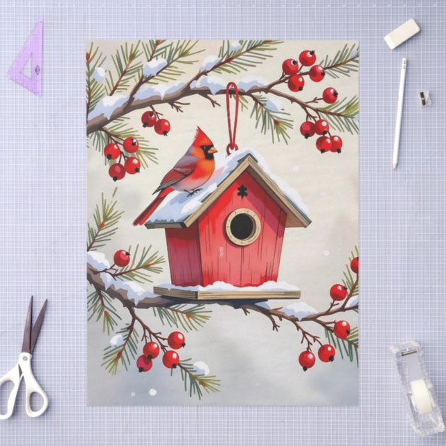 Pretty Christmas Cardinal & Birdhouse Snowflakes Seidenpapier (Basteln)