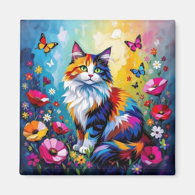 Pretty Colorful Impasto Cat and Flowers Magnet (Vorne)