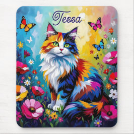 Pretty Colorful Impasto Cat and Flowers Mousepad