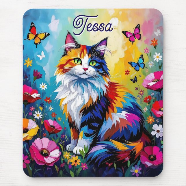 Pretty Colorful Impasto Cat and Flowers Mousepad (Vorne)