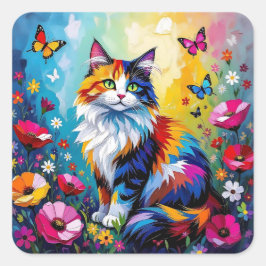 Pretty Colorful Impasto Cat and Flowers Quadratischer Aufkleber