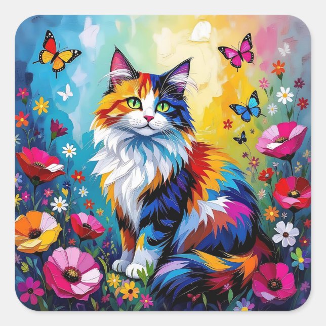 Pretty Colorful Impasto Cat and Flowers Quadratischer Aufkleber (Vorderseite)