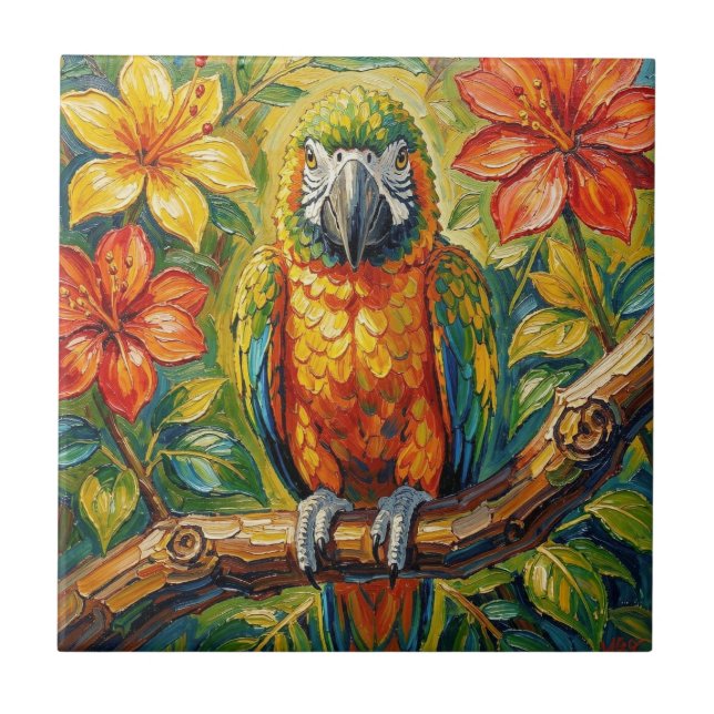 Pretty Colorful Impasto Parrot and Tropical Flower Fliese (Vorderseite)