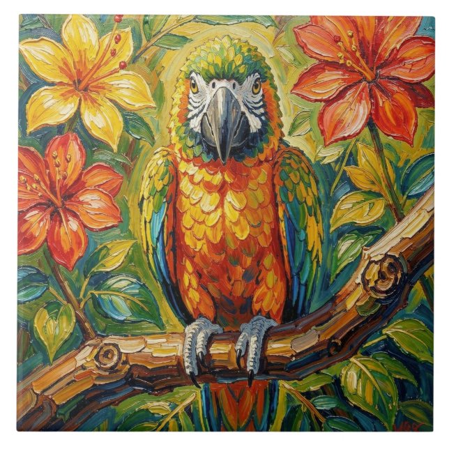 Pretty Colorful Impasto Parrot and Tropical Flower Fliese (Vorderseite)